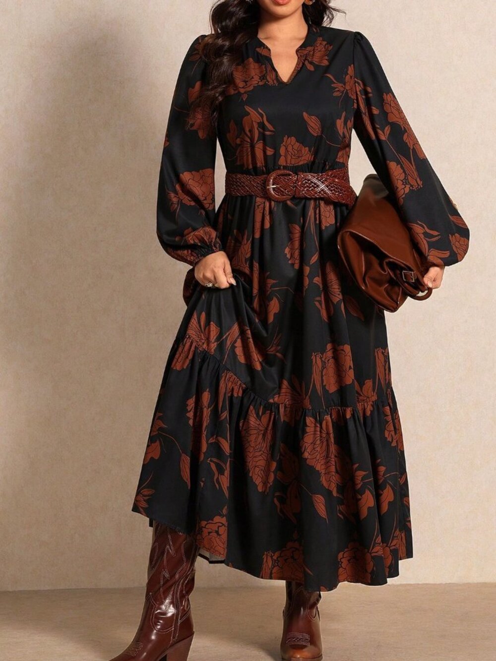 Multicolor Elegant Women's Plus Size Floral V-Neck Long A-Line Dress - Picture 6 of 7